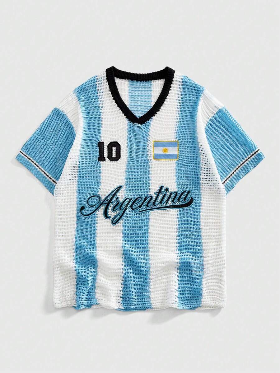ROMWE MEN Prep 2026 Copa Brasil Men's Short Sleeve Knit T-Shirt With Embroidery And Openwork Design - Blue - View 1