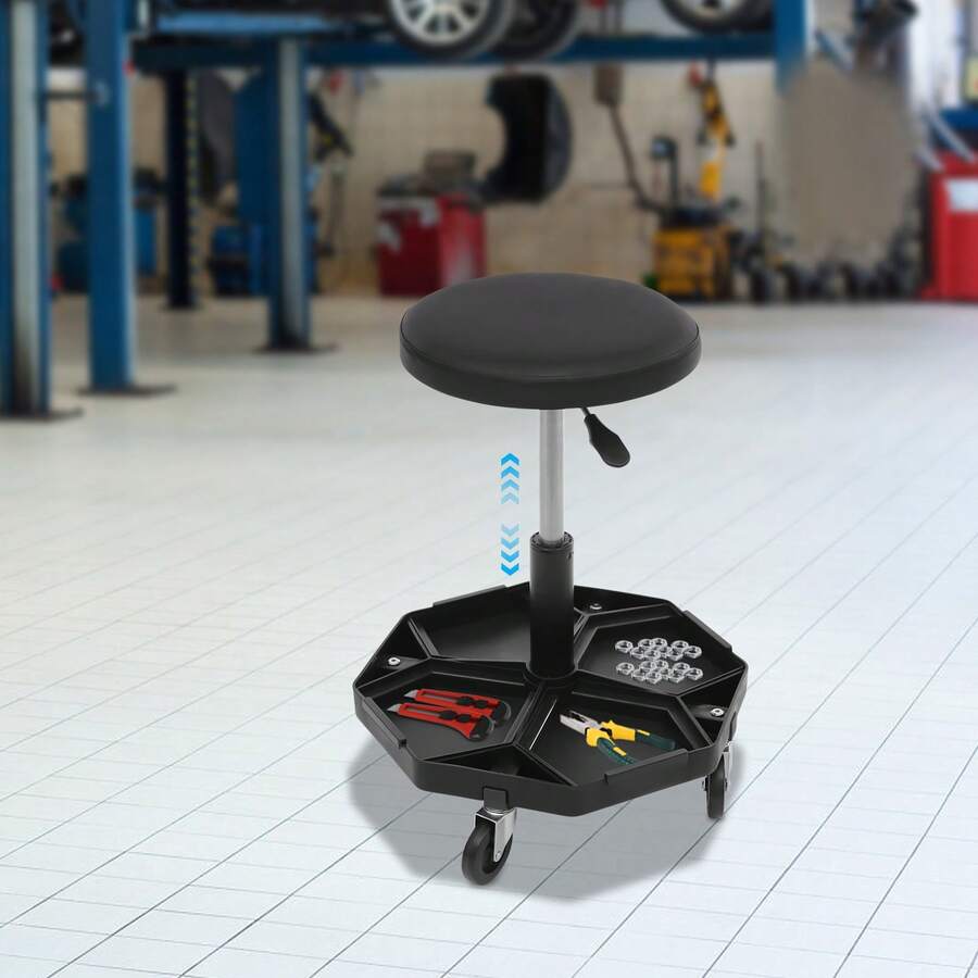 YISSALE Taburete de taller neumático, redondo y negro, con altura regulable de 45 a 58 cm (17,72–22,83 pulgadas), bandeja para herramientas con 4 compartimentos, giratorio 360° y móvil, ideal para reparaciones de automóviles, talleres mecánicos y trabajos de bricolaje. - Negro - Ver 1