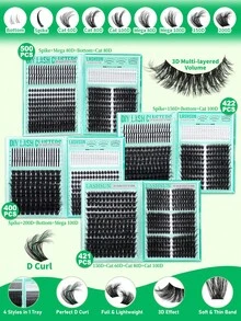 Lashsun 多款可選：500/422/421/400片 D捲度 5-21mm 混合長度 9款式 底部/尖端/Mega/貓眼/豐盈 粗款 3D多層假睫毛，適合初學者與熟手，居家DIY輕鬆操作，日常妝容易貼 - D - 查看 2