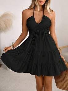 Women's Halter V-Neck Mini Dress, Ruched And Layered, Sleeveless, Ideal For Beach Vacations, Casual Daily Wear And Outdoor Picnic Outfits. - 黑色 - 查看 3