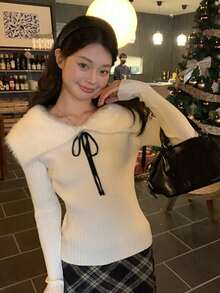 Korean Style Square Neck Faux Fur Collar Long Sleeve Knit Sweater Women Spring Slimming Fitted Base Layer Top - White - View 4