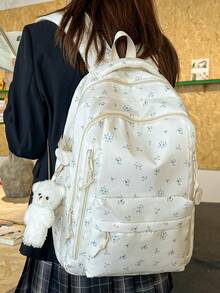 新款青少年女孩後背包 時尚花卉款 多功能大容量學生包 可愛大學校園書包 - 藍花 - 查看 6