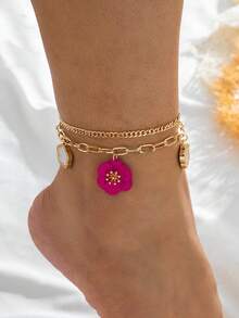 1 pieza de tobillera para mujer con colgante de bola de flores tallada de color plateado estilo vintage, adecuada para uso diario y en la playa. - Blanco - Ver 7