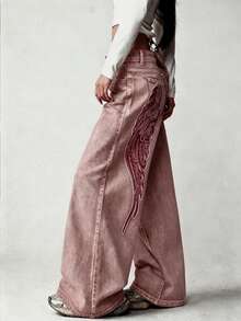 1pc American Street Style Women's Embroidered Loose Wide Leg Jeans Fashion All-Season Long Pants Casual Fall - Red - View 6