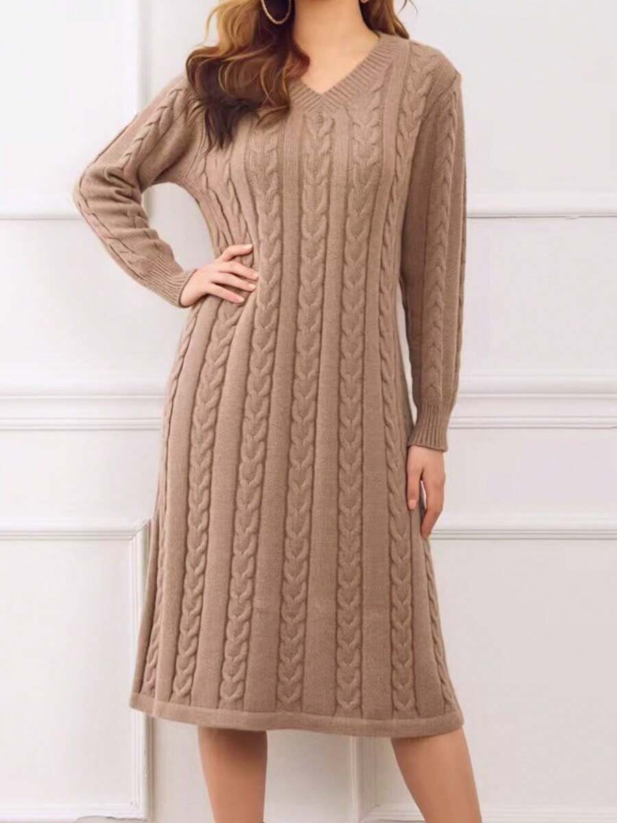 女款大尺碼V領麻花編織針織洋裝，優雅A字版型長袖套頭中長洋裝，帶紋理圖案，適合秋冬辦公室與度假穿著