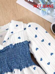 Galaxy Graffiti Autumn Fashion Outfit 4-7 Years Old Girls Set Spring Autumn New Sweet Heart Print Color Block Pleated Waist Long Sleeve Top & Flared Leg Pants Fashionable Stylish Suit Suitable For Daily Casual Weekend Outings Spring Autumn Season Matching - Blue - View 10