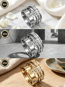 2026 New 304 Stainless Steel Silver Stackable Ring Set, 3pcs Clover And Full Rhinestone Rings, Hypoallergenic Minimalist Jewelry, Perfect Mother's Day Gift, Summer Vacation Accessory - Ring - View 5