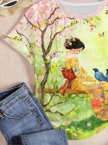 Women's One-Piece Summer T-Shirt, Round Neck And Short Sleeves, With Floral And Bird Print In Japanese, Korean And Chinese Style, Retro, Elegant And Casual, With Delicate Colors - 軍綠色 - 查看 2