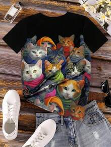 Camiseta casual de manga corta para mujer con un divertido estampado de gato de dibujos animados y diseño de bufanda colorida - elasticidad media, cuello redondo, corte regular, lavable a má - Negro - Ver 3