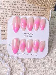 10 Stücke handgefertigte Mandelform Nagelaufkleber mit fluoreszierendem Pulver und Farbverlauf, mit hautfarbenen Streifen. Einfaches, sanftes rosa Design, geeignet für Frauen und Mädchen für Dates, alltägliche Ausflüge und zum Tragen. Nägel - Verschiedenfarbig - Übersicht 2