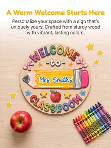 1pc Personalized Custom Text Round Wooden Classroom Door Sign,Custom Teacher Name Welcome Wall Hanging Plaque,2D Flat Pencil Apple School Door Hanger,Teacher'S Day Back To School Gift,Educators,Classroom Front Door Welcome Decorations - Apricot - View 8