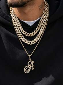 1pc Elegant Shiny Cursive Letter Pendant Necklace, Designed For Men, Combines Fashion And Luxury, Suitable For Parties, Banquets, Holiday Celebrations, Christmas And Other Occasions, Also Can Be Worn As Daily Wear Gift Jewelry, Versatile And Tasteful - Double-layered Hip-hop Letter Necklace - View 7