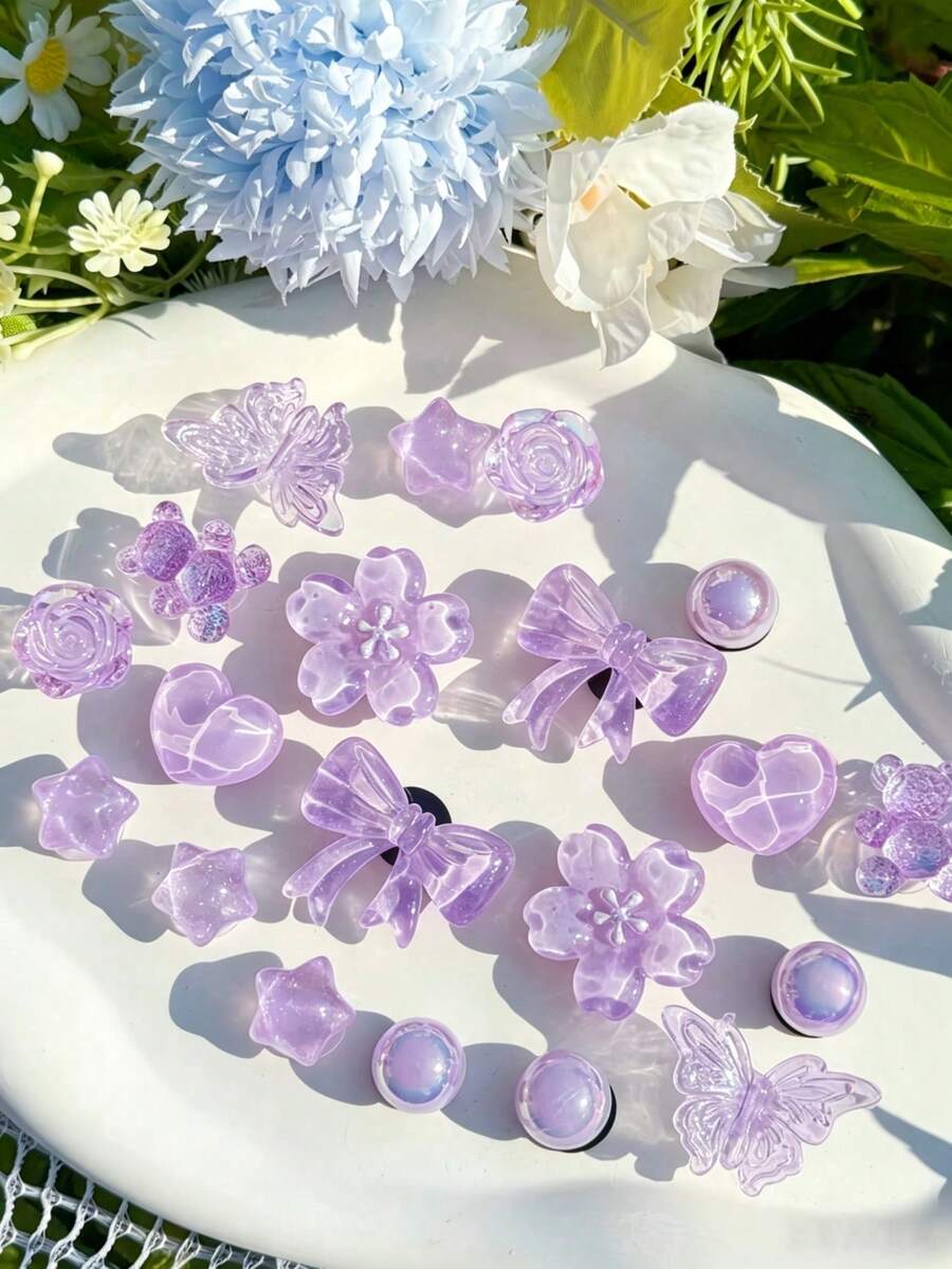 20pcs Transparent Purple Glitter Resin Shoe Charms, Bowknot Bear Heart Flower Detachable DIY Accessories, Fit Sandals Perforated Slides Ankle Boots, Holiday Gift - Purple - View 1