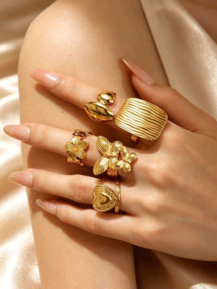 5pcs Summer Elegant Stainless Steel Women's Ring Set, Double Butterfly/Heart/Flower/Geometric Combination, Suitable For Daily Wear, Date, Party, Holiday Accessory, Open Adjustable - Gold - View 1