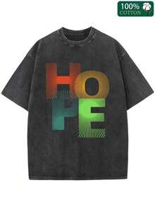 Camiseta Holgada para Hombre, 230g, Algodón Puro de Alta Densidad, HOPE, Estampado de Letras Coloridas, Transpirable, Duradera, Informal para Todas las Temporadas - Negro - Ver 1