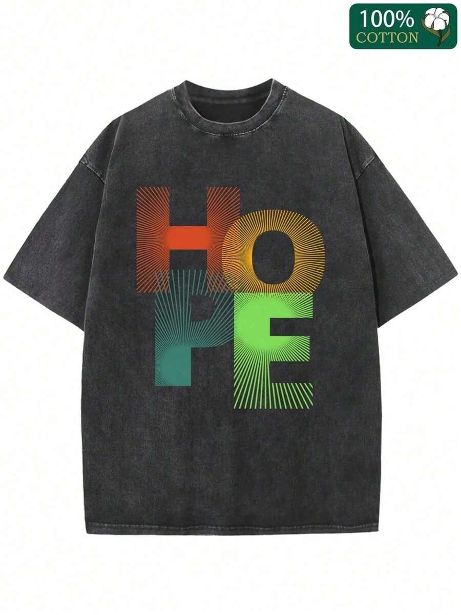 Camiseta Holgada para Hombre, 230g, Algodón Puro de Alta Densidad, HOPE, Estampado de Letras Coloridas, Transpirable, Duradera, Informal para Todas las Temporadas - Negro - Ver 1