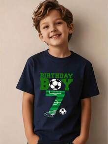 Boy's Number 7 Birthday Party T-Shirt, Featuring A "Birthday Boy" Print In Green Lettering, A Casual Short-Sleeved Sporty Style With Stadium Numbers And A Soccer Ball Design. - 黑色 - 查看 9