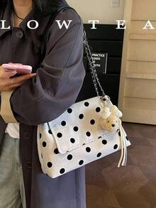 low tea 1件女款拼色波點時尚肩背包，正方形，頂部手柄設計，翻蓋開合，可作為肩背包或斜挎包使用，適合旅行、購物、約會，女性禮物，不含吊飾，非常適合通勤、戶外、旅行、出遊 - 米色 - 查看 6