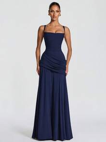 Elegant Women's Casual Party Dresses, Solid Color Strapless Sleeveless Fitted Waist Full Skirt European American Style Prom Dress - 金色 - 查看 2