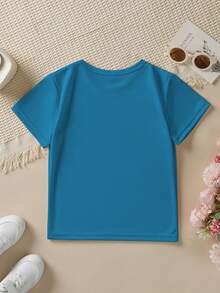 Girls' Short-Sleeved T-Shirt, Summer Style, With "Football Girl" Inscription, Rugby , Bow Print, Versatile Casual Top NY-DX9381 - Biru - View 2