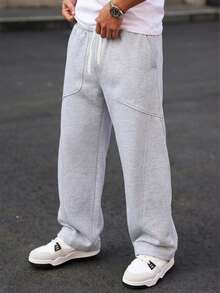Men's Floral Grey Wide Leg Sweatpants, Drawstring Waist Casual Street Style Long Pants, Outdoor Sports Pants - Grey - View 2