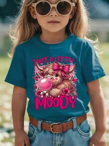 Girls' Short-Sleeved T-Shirt, Summer Style, With "JUST A LITTLE MOODY" Print, Showing A Cartoon Calf Blowing Bubbles With A Bow, Casual And Versatile NY Top - 藍色 - 查看 1