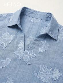 FEIAO Men's Vintage "Old Money" Style Blue Embroidered Shirt: A Versatile, High-Quality Pullover, Perfect For Casual Vacation - Blue - View 6