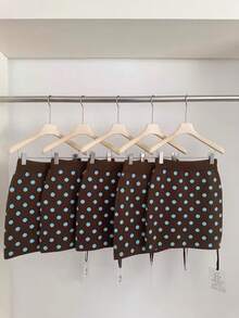 Women's Vintage Brown Knit Mini Skirt, Blue Polka Dot, Medium Stretch Comfortable Knit - Brown - View 5