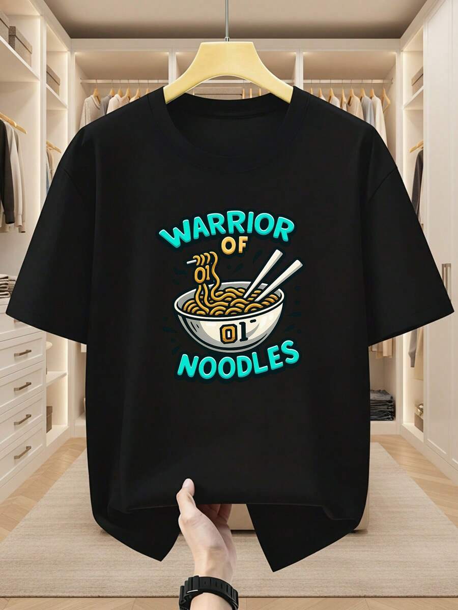 2026 Men's Clothing Plus Size T-Shirts For Men With 100% Warrior And Noodle Print, Crew Neck, Short Sleeve, Comfortable And Casual Summer T-Shirt - 黑色 - 查看 1