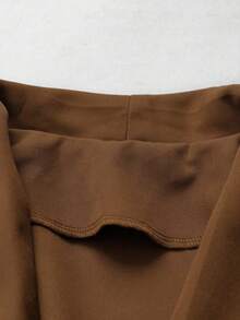 Women's Summer Set: Elegant, Minimalist Solid Brown Sleeveless Wrap-Waist Peter Pan Collar Blouse And High-Waisted Straight-Leg Pants - Brown - View 4