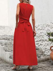 Vestido Casual Sin Mangas con Lazo en la Espalda.Color Sólido, Fresco y Versátil. - Rojo - Ver 5