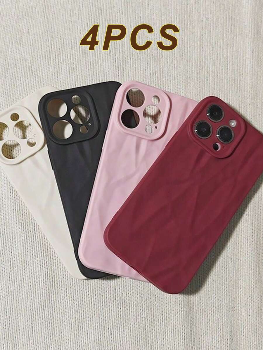 4pcs Minimalist Pleated Solid Color Lens Protector, 3pcs Personalized Phone Case For 16 Pro Max, 15/14 Plus/13/12/11 Protective Case - Multicolor - View 1
