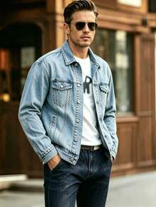 Veste en jean bleu clair pour hommes, lavée vintage, veste en jean à manches longues avec une finition de lavage usé, parfaite pour tous les jours - bleu denim clair - Voir 4