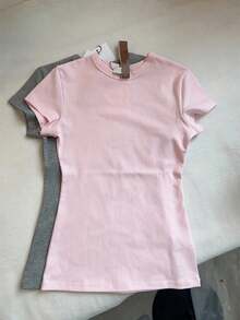 Camiseta verano gris mujer cuello redondo manga corta ajustada adelgazante para combinar - Blanco grisáceo - Ver 9