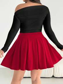 Falda midi plisada roja básica, versátil y cómoda para mujer de talla grande, para otoño/invierno, fondo de armario, Navidad, Año Nuevo - Negro 2 - Ver 2