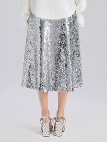 Rich Radi Q's Women's Silver Sequin A-Line Midi Dress, Suitable For Party And Casual Occasions, Made Of Non-Stretch Fabric - Silver - View 2