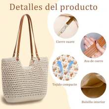 Women's Woven Tote Bag, Lightweight Crochet Beach Bag, Elegant Bohemian Handbag, Large Boho Summer Casual Shoulder Bag, Travel Bag With Zipper, For Vacation, Beach And - 卡其色 - 查看 6