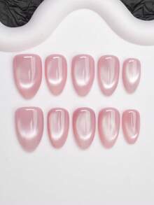 Almond-Shaped Handmade Press-On Nails, Y2K Hot Girl Style, Nude Nail Tips With Cat Eye Design, Pure Handmade Press-On Nails, Suitable For Women And Girls, Shiny Nail Tips, 10 Pieces/3 Sizes, Suitable For Party, Dance, Daily Wear, Includes Tool Kit, Can Be Given As A Gift To Women And Girls. - Apricot - View 1