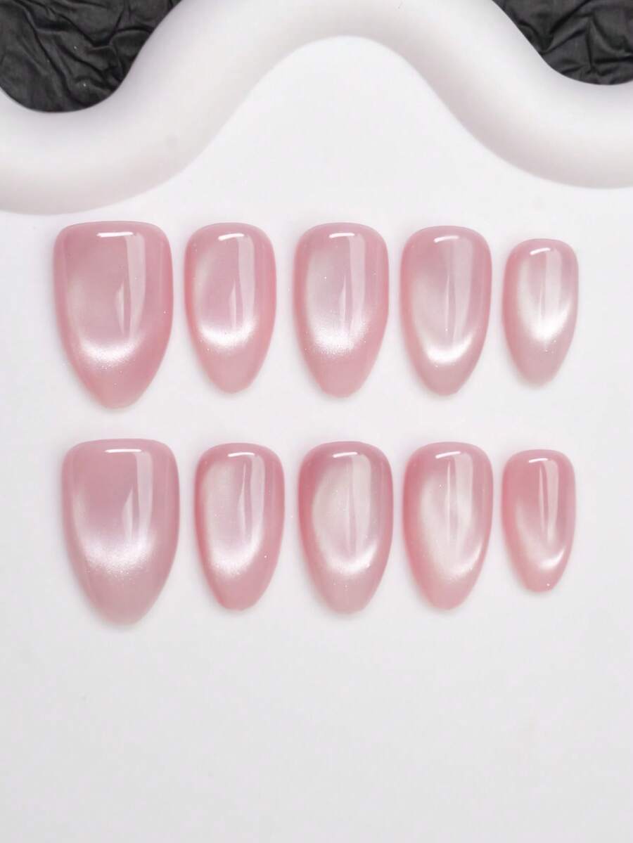 Almond-Shaped Handmade Press-On Nails, Y2K Hot Girl Style, Nude Nail Tips With Cat Eye Design, Pure Handmade Press-On Nails, Suitable For Women And Girls, Shiny Nail Tips, 10 Pieces/3 Sizes, Suitable For Party, Dance, Daily Wear, Includes Tool Kit, Can Be Given As A Gift To Women And Girls. - Apricot - View 1