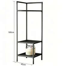 Multi-Functional Corner Garment Rack, Iron Frame Freestanding Clothing Hanger Stand With Storage Layers, L-Shaped Nook Clothes Organizer For Apartment Dorm Entryway Use - Black - View 5