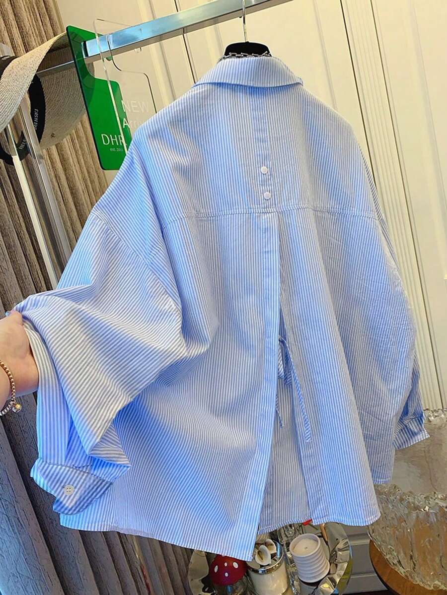 Women's Striped Loose Long Sleeve Shirt, Casual Button-Up Top, Woven Fabric, Plus Size Fashion - Blue and White Stripes - View 1