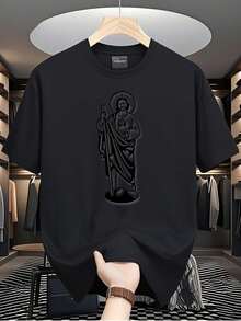 Local Store, Men's T-Shirts, Men's Shirts, Men's Clothing, Men's T-Shirts, Tadeo 180G Black And White T-Shirt, Religious Print Design, High-Quality Print - 黑色 - 查看 1