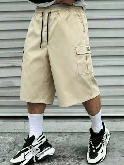 Plus Size Pants For Men Baggy Cargo Shorts, Elastic Waist Drawstring Knee Length Casual Pants, Multi Flap Pocket Breathable Outdoor Street Shorts
