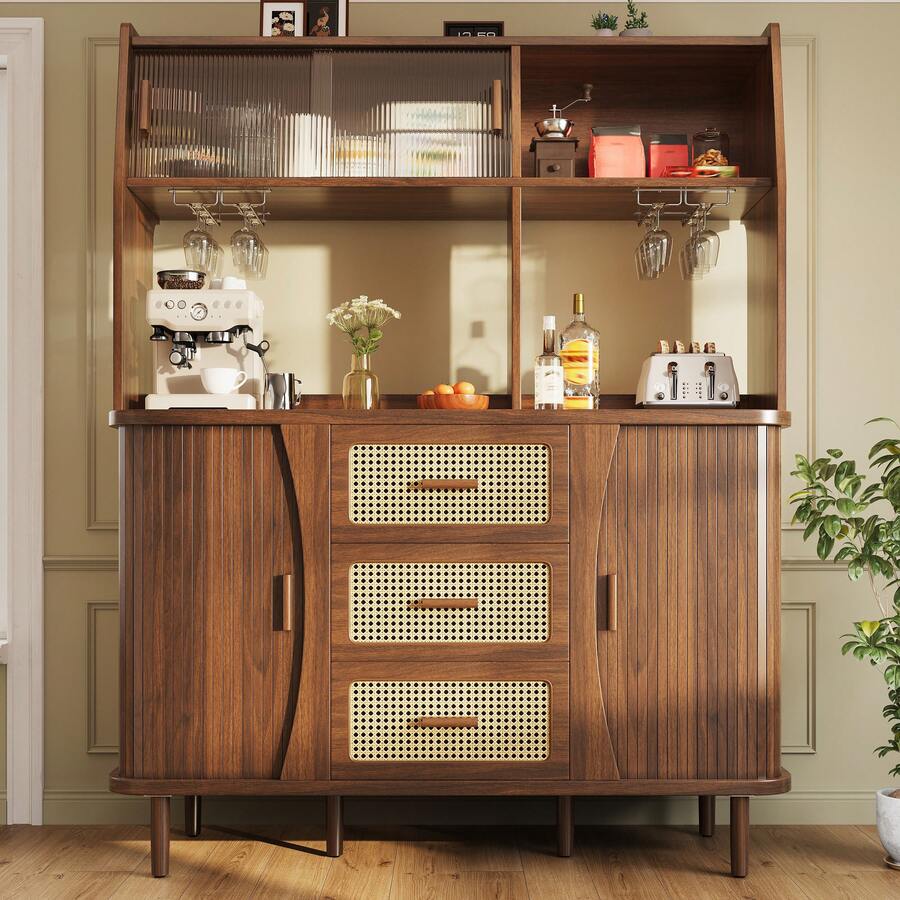 High Quality Sideboard With Wicker Effect & Glass Sliding Doors, 174.5cm Tall Kitchen Cabinet With - Walnut - View 1