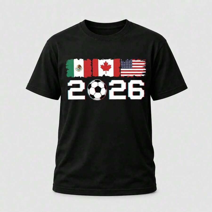 [E Mexico 2026] Men's Summer T-Shirt, New Model For USA-Canada-Mexico 2026 Soccer Fans - Colorful Soccer Ball Print, Casual Sportswear For Men - 黑色 - 查看 1