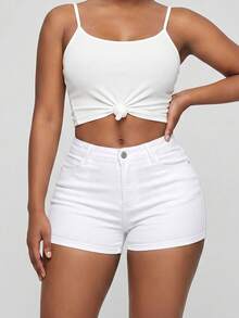 New In Curve Plus Size Women Solid White Stretch High Waist Denim Mini Shorts Hip Lifting Summer Casual Basic Jean Shorts For Female - 白色 - 查看 6