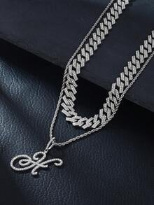1pc Elegant Shiny Cursive Letter Pendant Necklace, Designed For Men, Combines Fashion And Luxury, Suitable For Parties, Banquets, Holiday Celebrations, Christmas And Other Occasions, Also Can Be Worn As Daily Wear Gift Jewelry, Versatile And Tasteful - Double-layered Hip-hop Letter Necklace - View 8