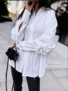 Elegant White Satin Oversized Shirt With Ruched Drawstring Lantern Sleeves - White - View 4