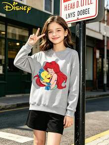 Disney Princess Ariel Flounder Cartoon Oversized Sweatshirt Teen Girl Clothes Double Print Crewneck Top - 灰色 - 查看 3
