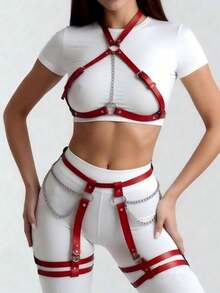 1 Set Women's Punk Style Red Sexy Bondage Body Harness With Leg Straps And Garter Belt, Suitable For Club, Party, Personalized Outfit Or Carnival - Red - View 3